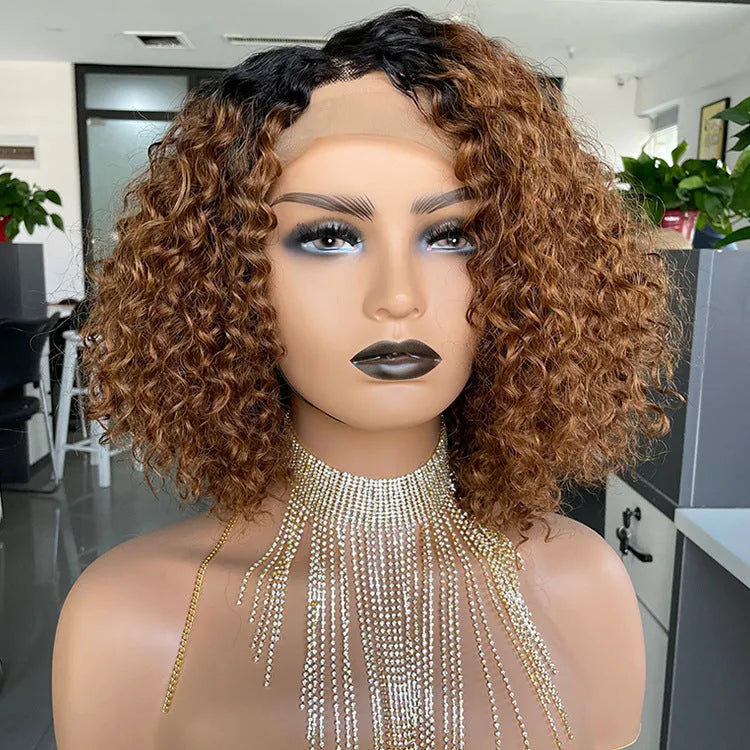 Ombre curly bobo 1b30 human hair lace wig in black with oblique bangs on a mannequin
