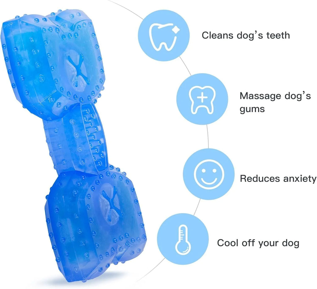 A freezable bone-shaped and circle-shaped dog chew toy designed for cooling and teething relief.