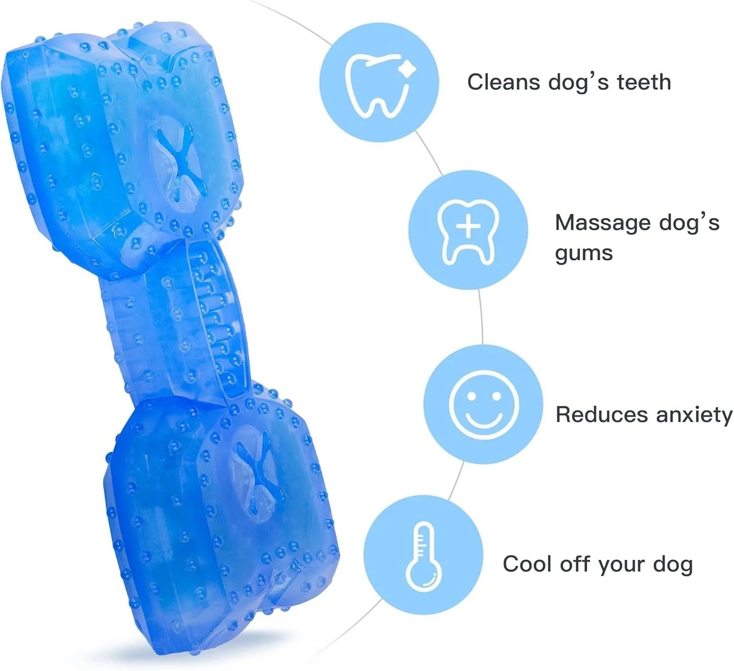 A freezable bone-shaped and circle-shaped dog chew toy designed for cooling and teething relief.