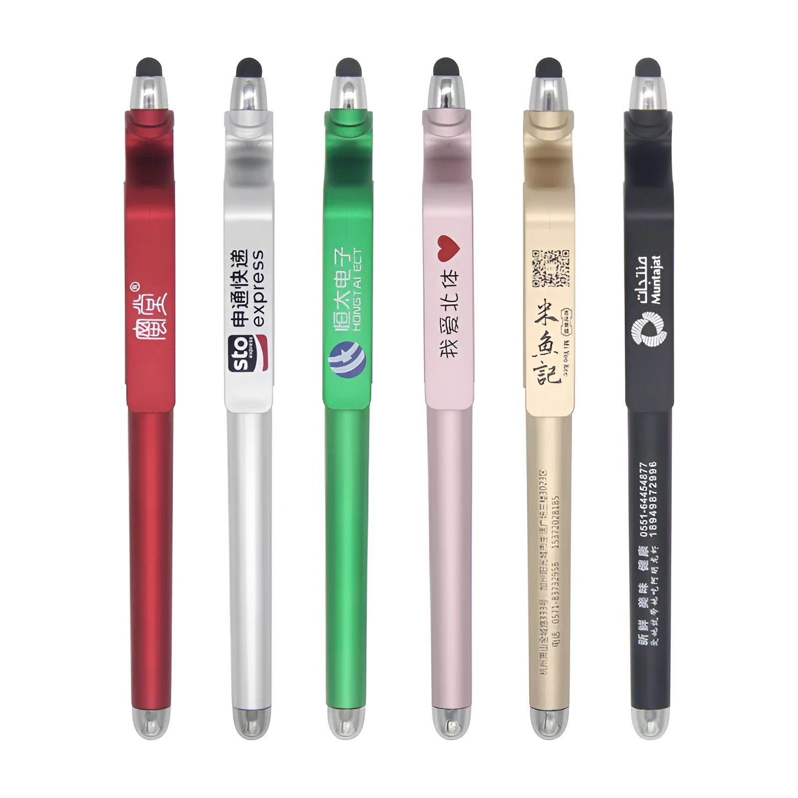 Multifunctional pen with touchscreen stylus tip and integrated mobile phone holder feature