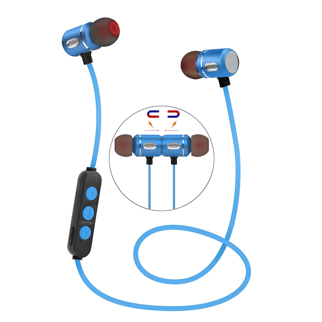 AX-09 magnetic sports Bluetooth headset in blue with ear caps and USB cable