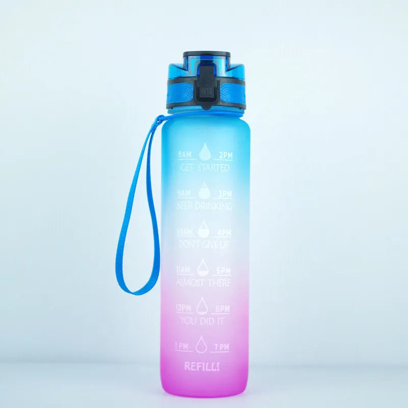 Transparent 1000ml sports water bottle with fruit infuser lid showing BPA-free Tritan plastic construction
