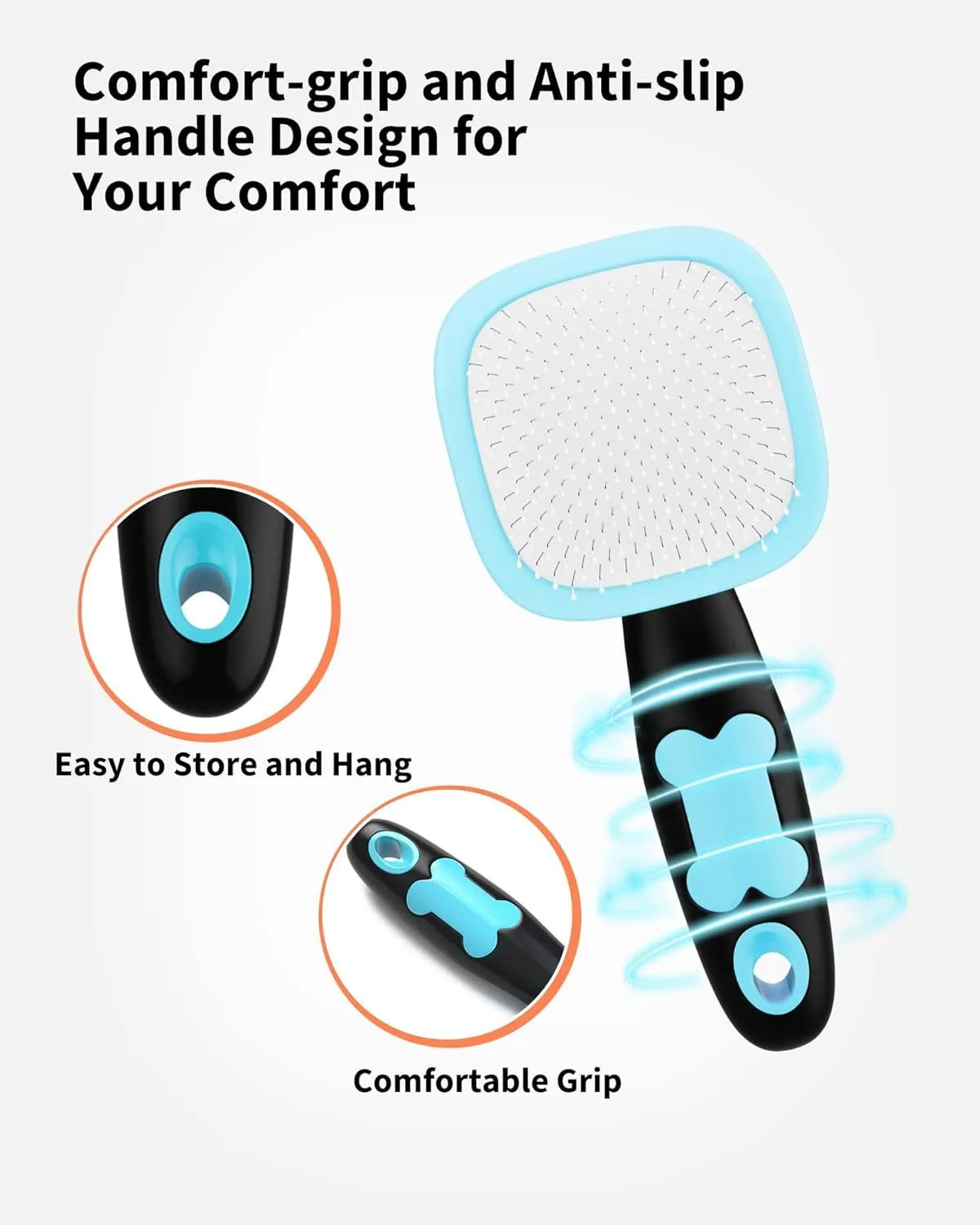 Blue large rectangular pet grooming brush with stainless steel bristles and rubber handle on white background