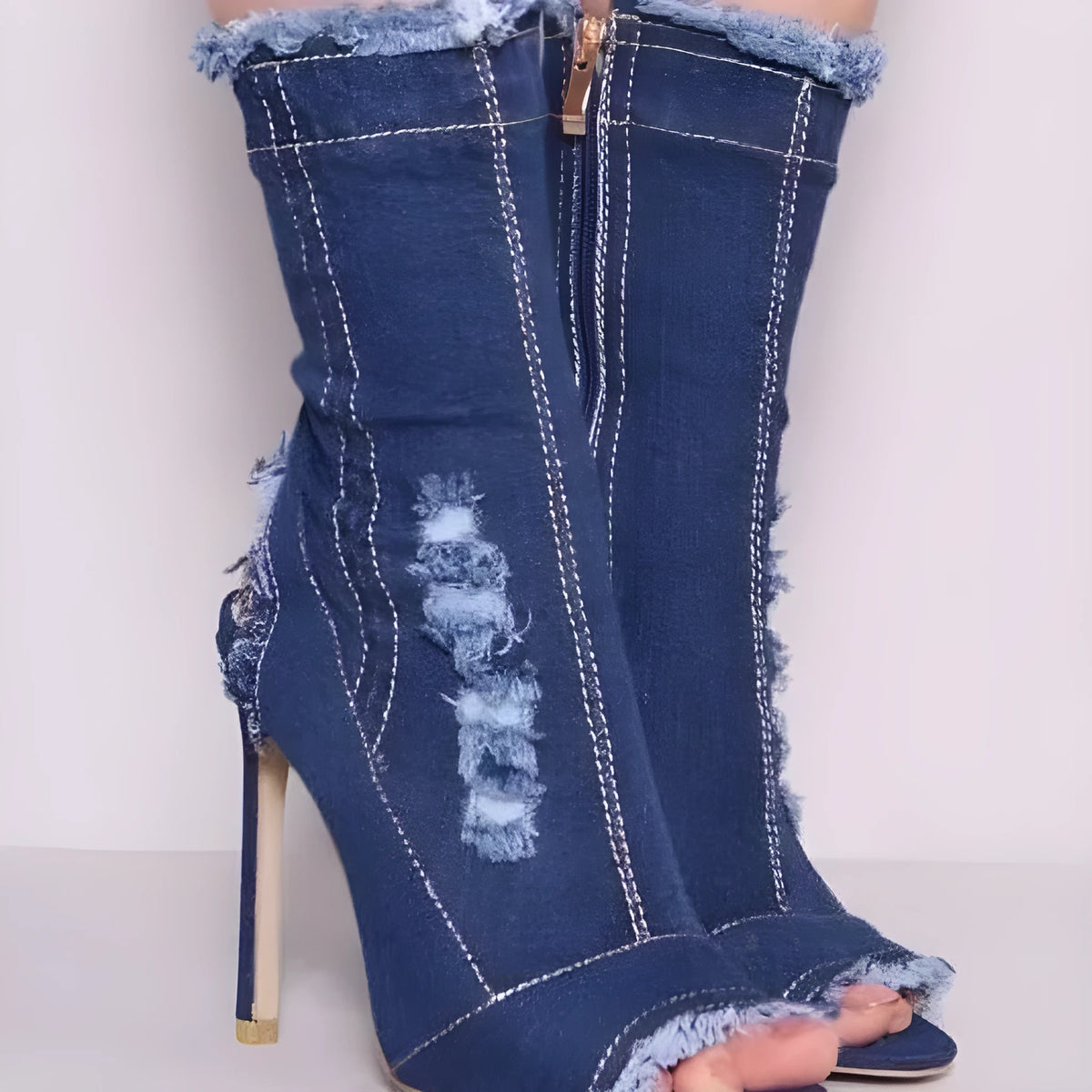 Peep toe denim ankle boots with stiletto heel and PU upper, four colour styles, sizes 35-44