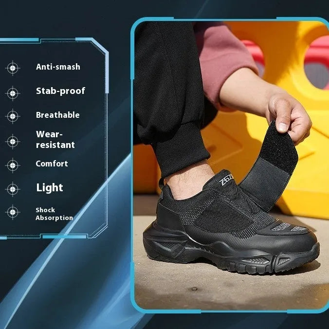 Black steel toe cap safety work shoes with felt buckle closure and lightweight EVA sole