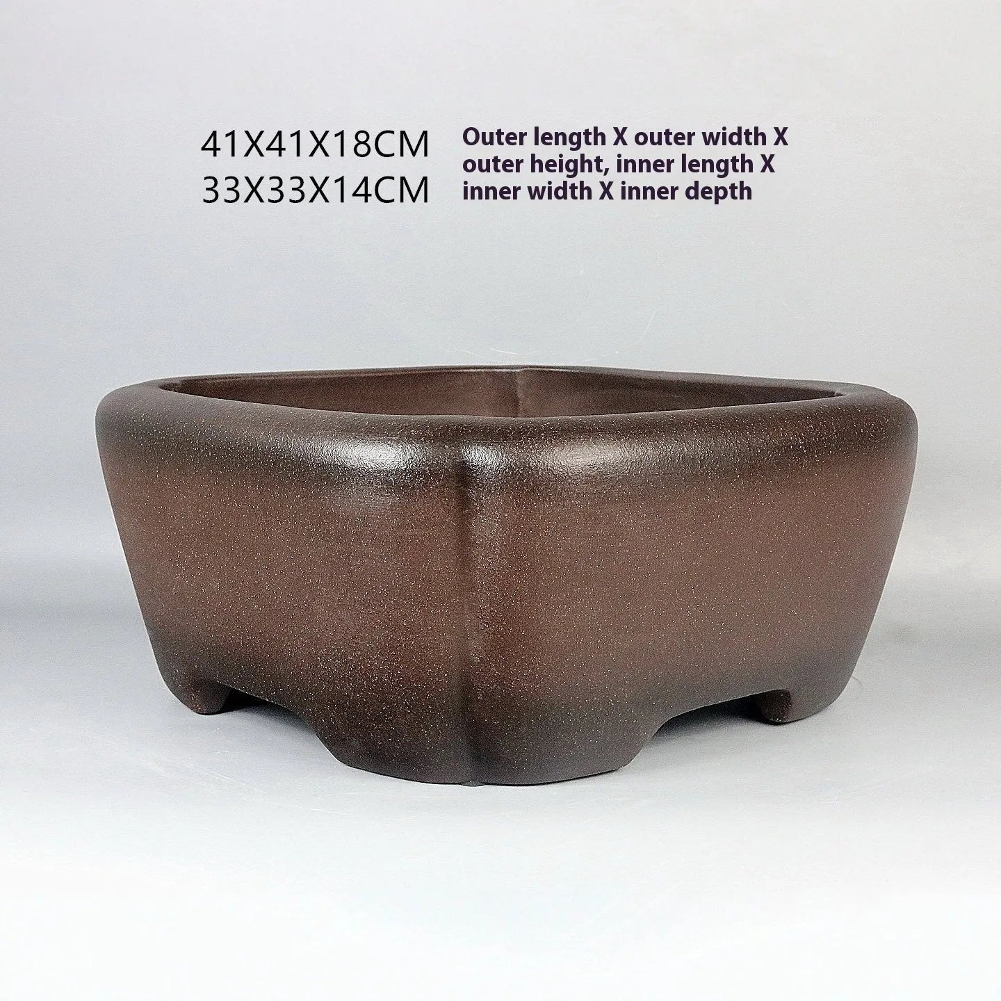 Handmade antique square purple sand ceramic bonsai pot, 41x41x18cm outer dimensions