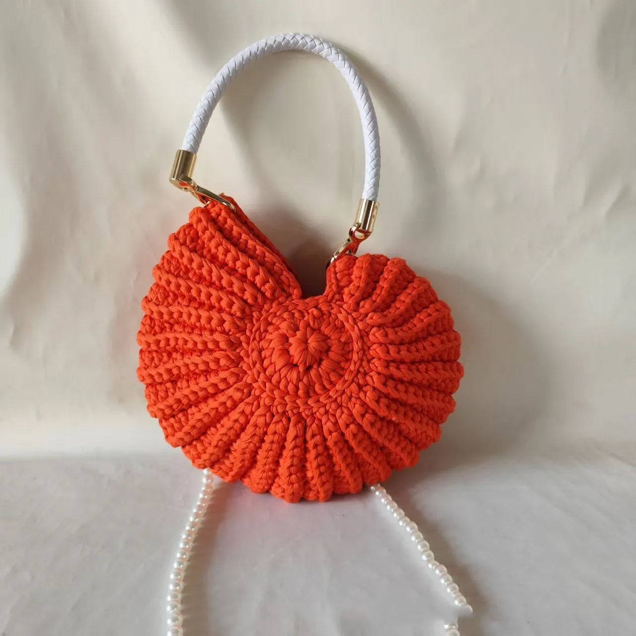Round handmade woven crossbody bag with pearl chain strap, 25x25cm, polyester, multiple colour options