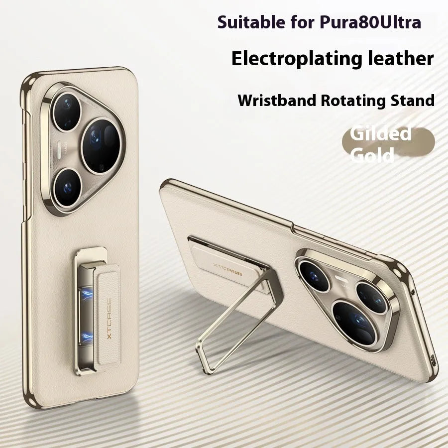 Huawei Pura80Ultra phone case with wrist strap and rotating bracket in imitation leather