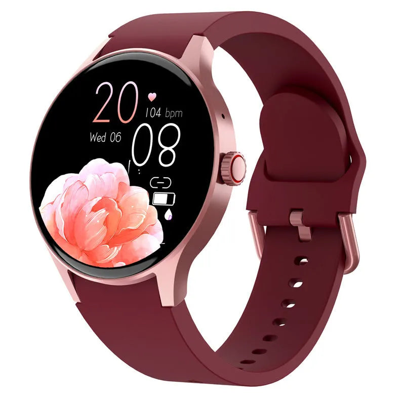 Black smart Bluetooth sport watch with a round touchscreen on a wrist, showing a fitness stats display.