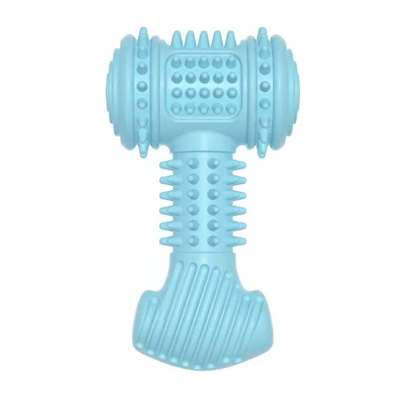 Blue bone-shaped dog chew toy with textured surface and raised dots for teeth cleaning