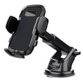 Black plastic universal car mobile phone bracket with suction mount on windscreen