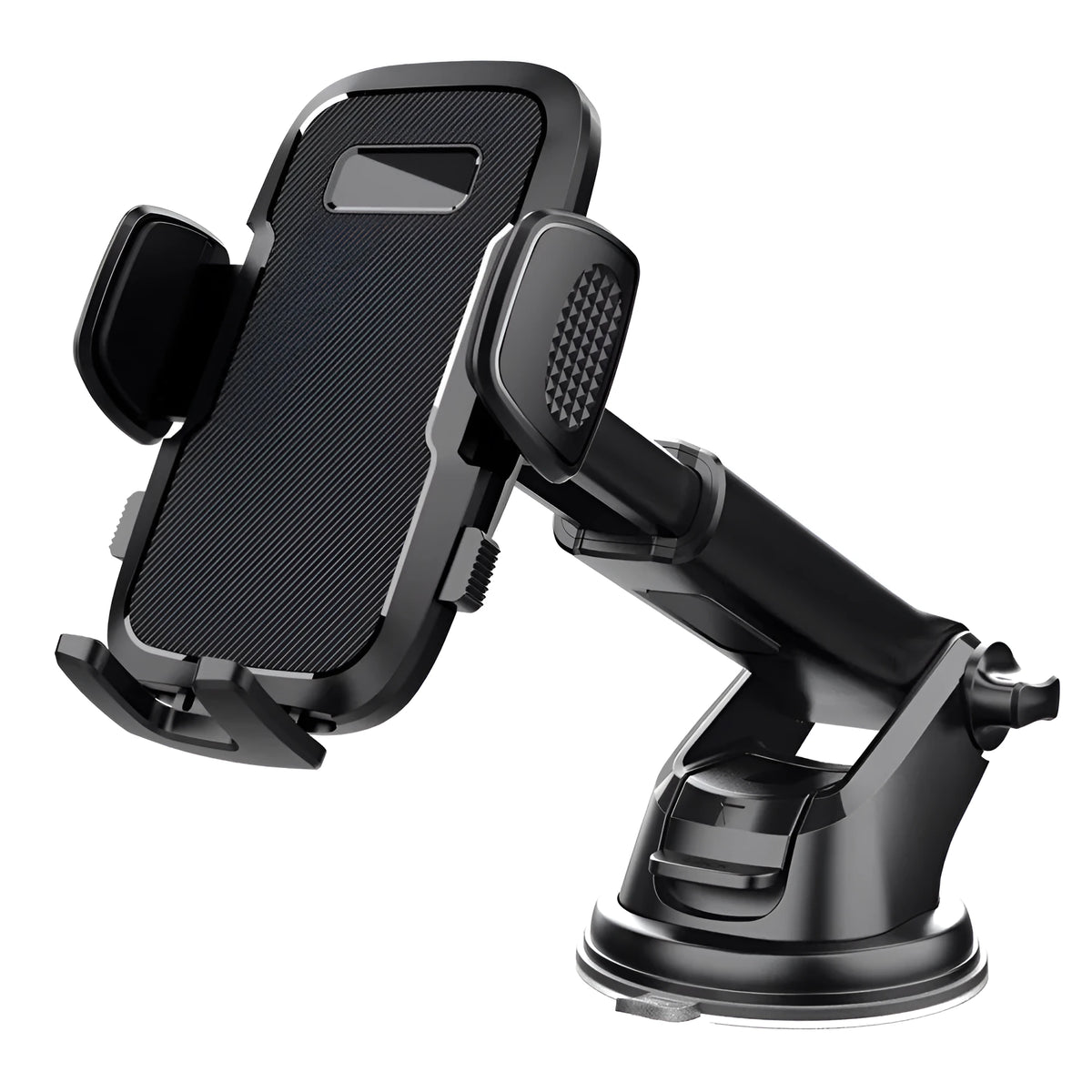 Black plastic universal car mobile phone bracket with suction mount on windscreen