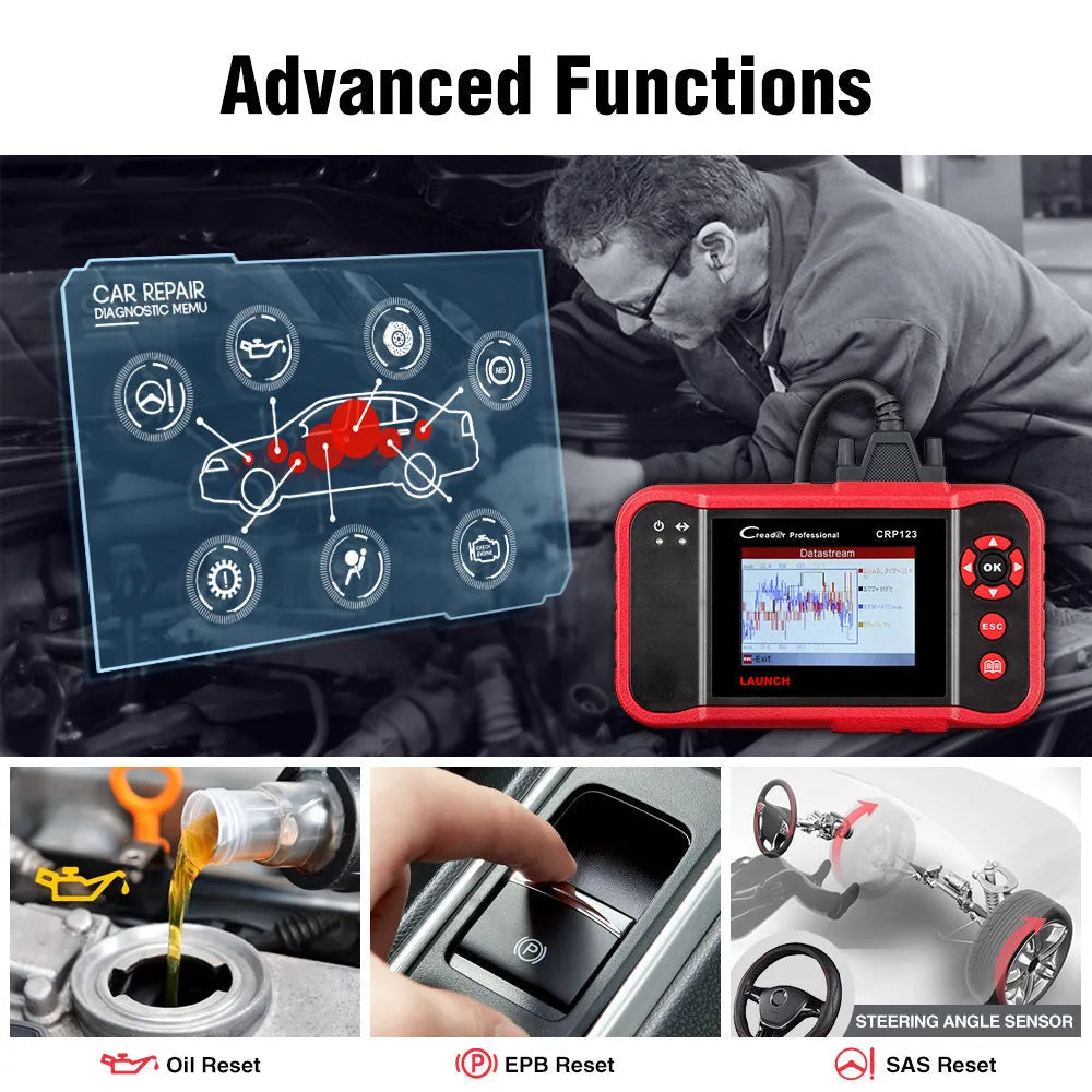 CRP123 automotive fault detector diagnostic tool scanner with cables and accessories for vehicle system analysis
