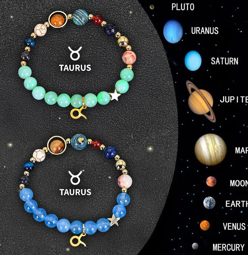 Set of twelve natural stone beaded bracelets for each zodiac sign on a flat surface.