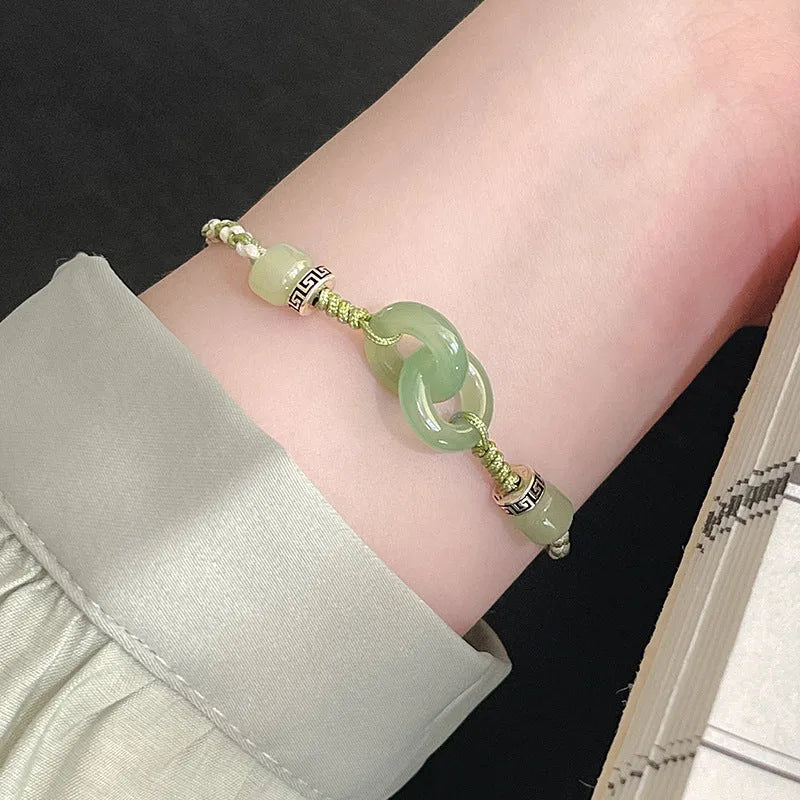 Green copper women's bracelet with peace buckle, jade double rings and animal zodiac ethnic design
