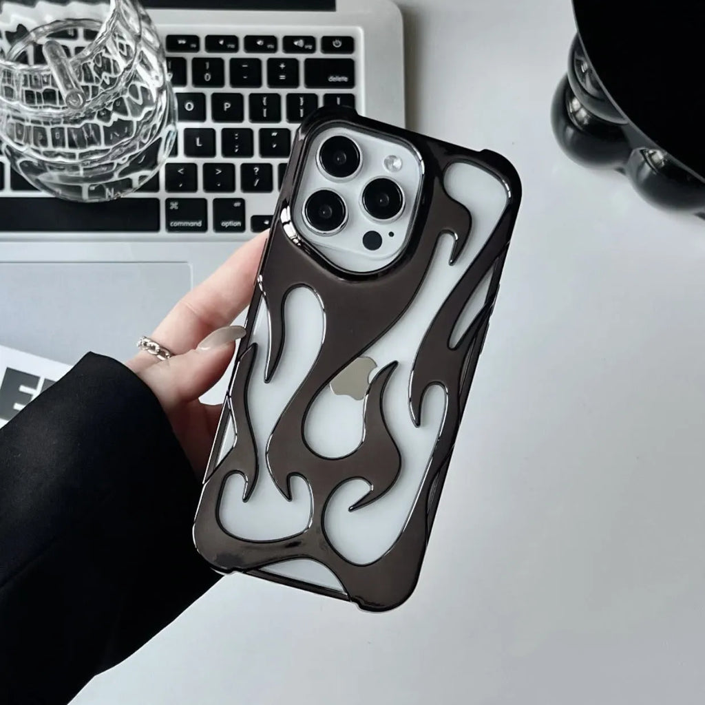 Electroplated hollow flame pattern soft TPU phone case for Apple iPhone, shown in silver on a dark background.