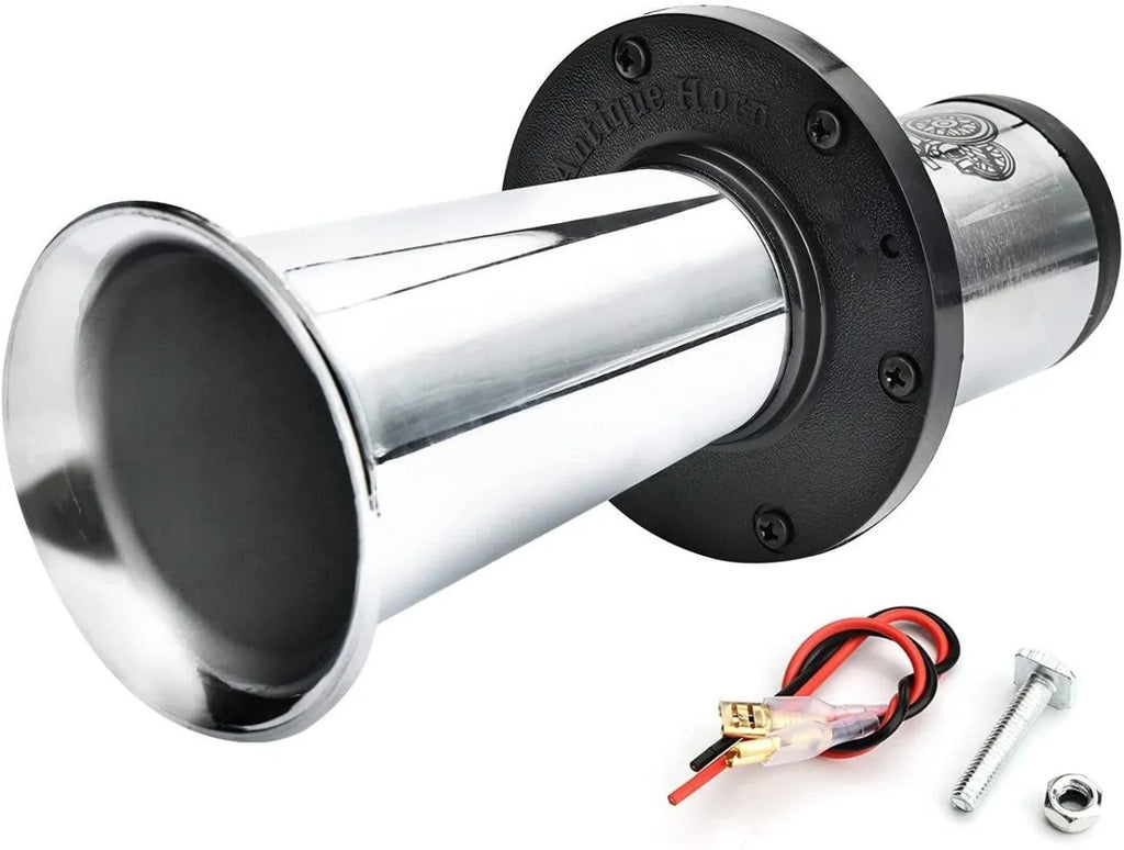 A silver and black 12v universal fit car horn for modified vehicles.