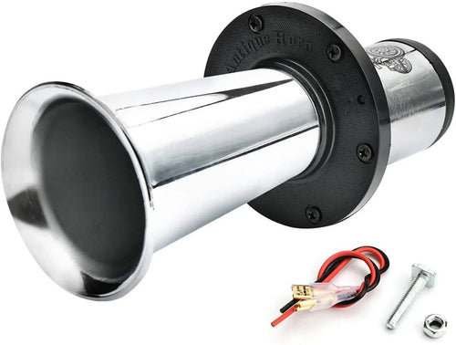 A silver and black 12v universal fit car horn for modified vehicles.