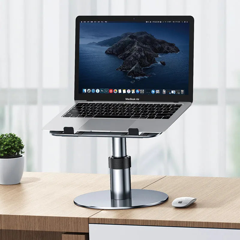 Silver aluminium car laptop stand with adjustable height and rotating pole