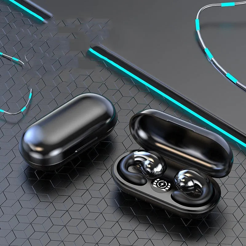 Wireless Bluetooth sports headphones with ear clip design showing digital display and available in multiple colours