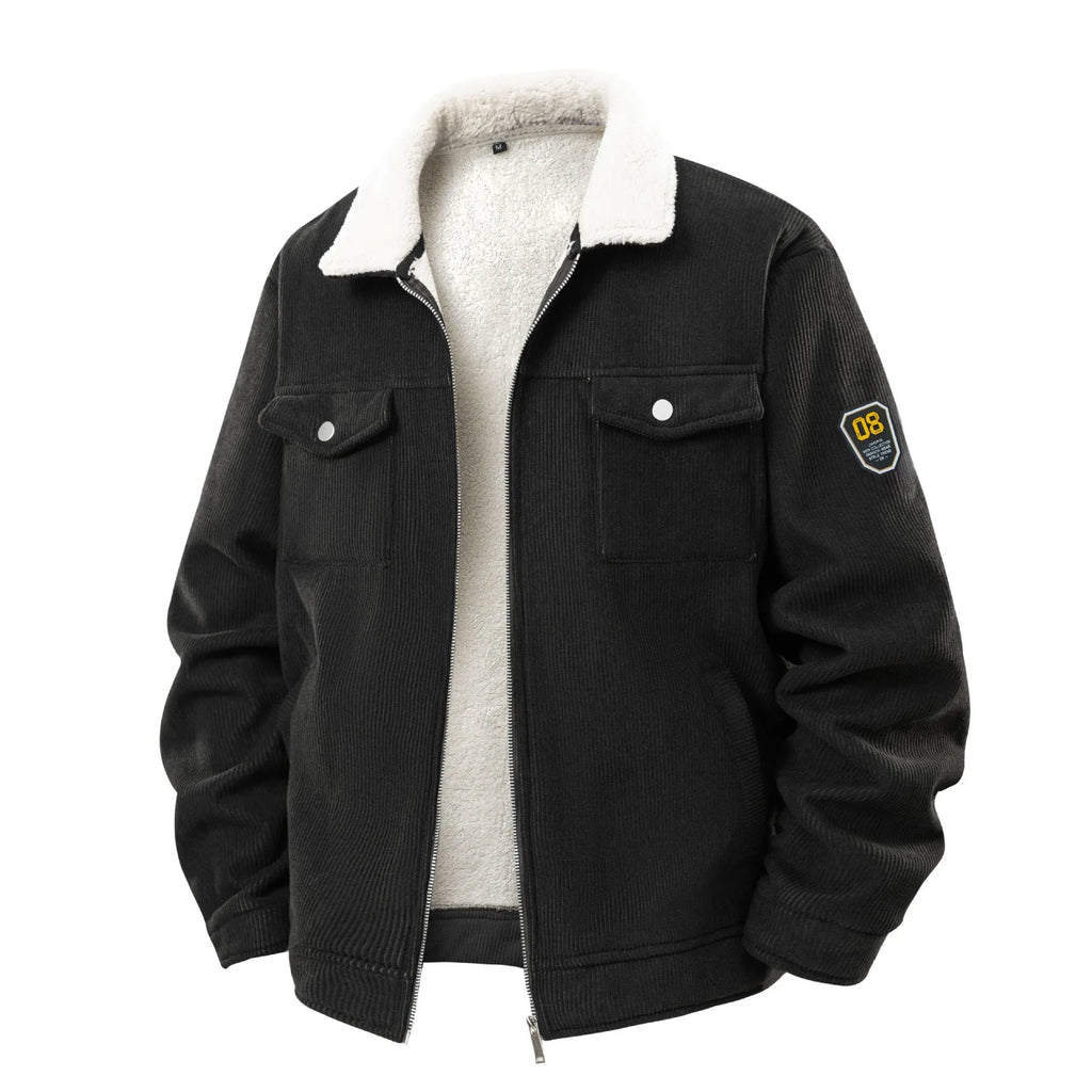 Men's fleece-lined thickened corduroy workwear coat in black, with lapel collar, size S to 3XL