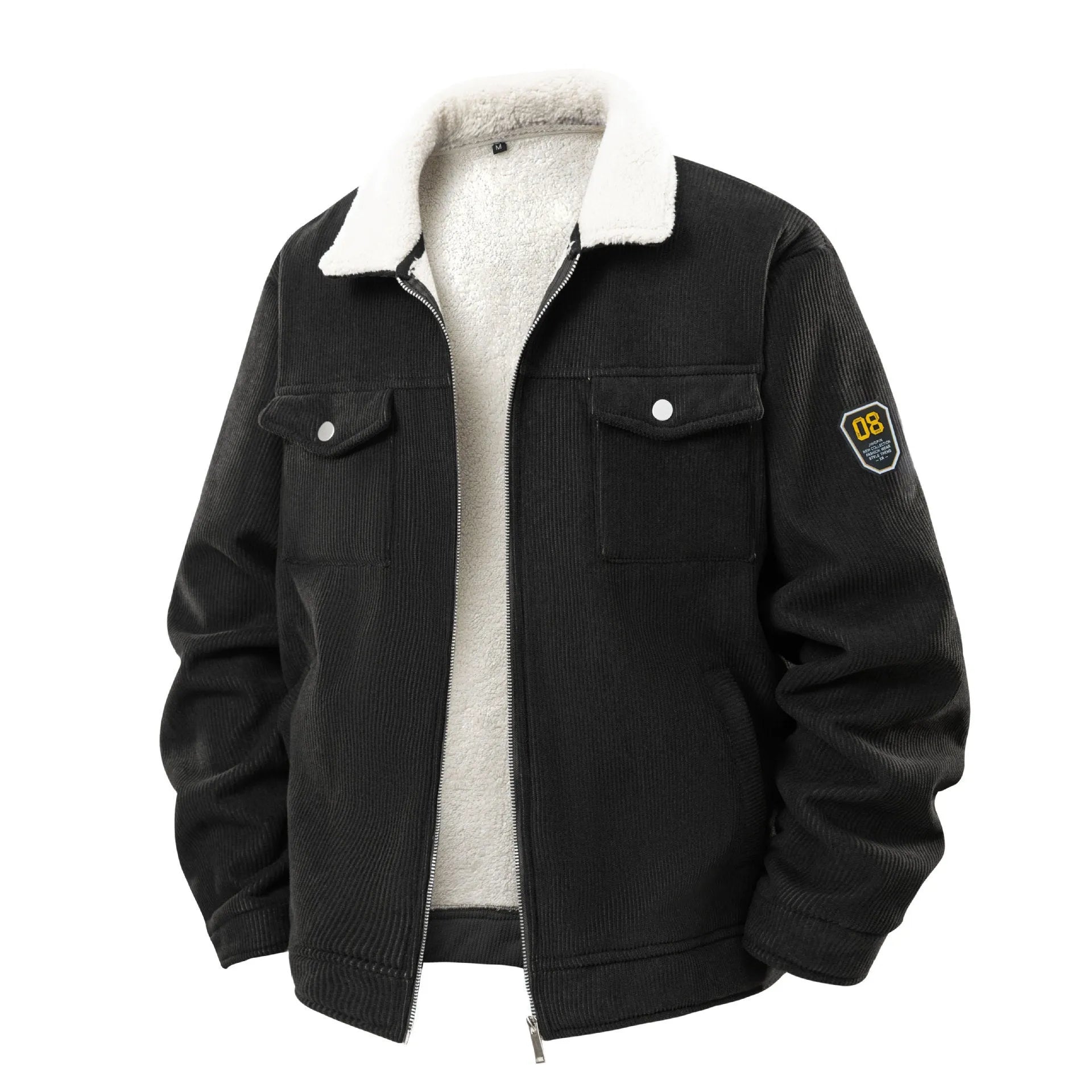 Men's fleece-lined thickened corduroy workwear coat in black, with lapel collar, size S to 3XL