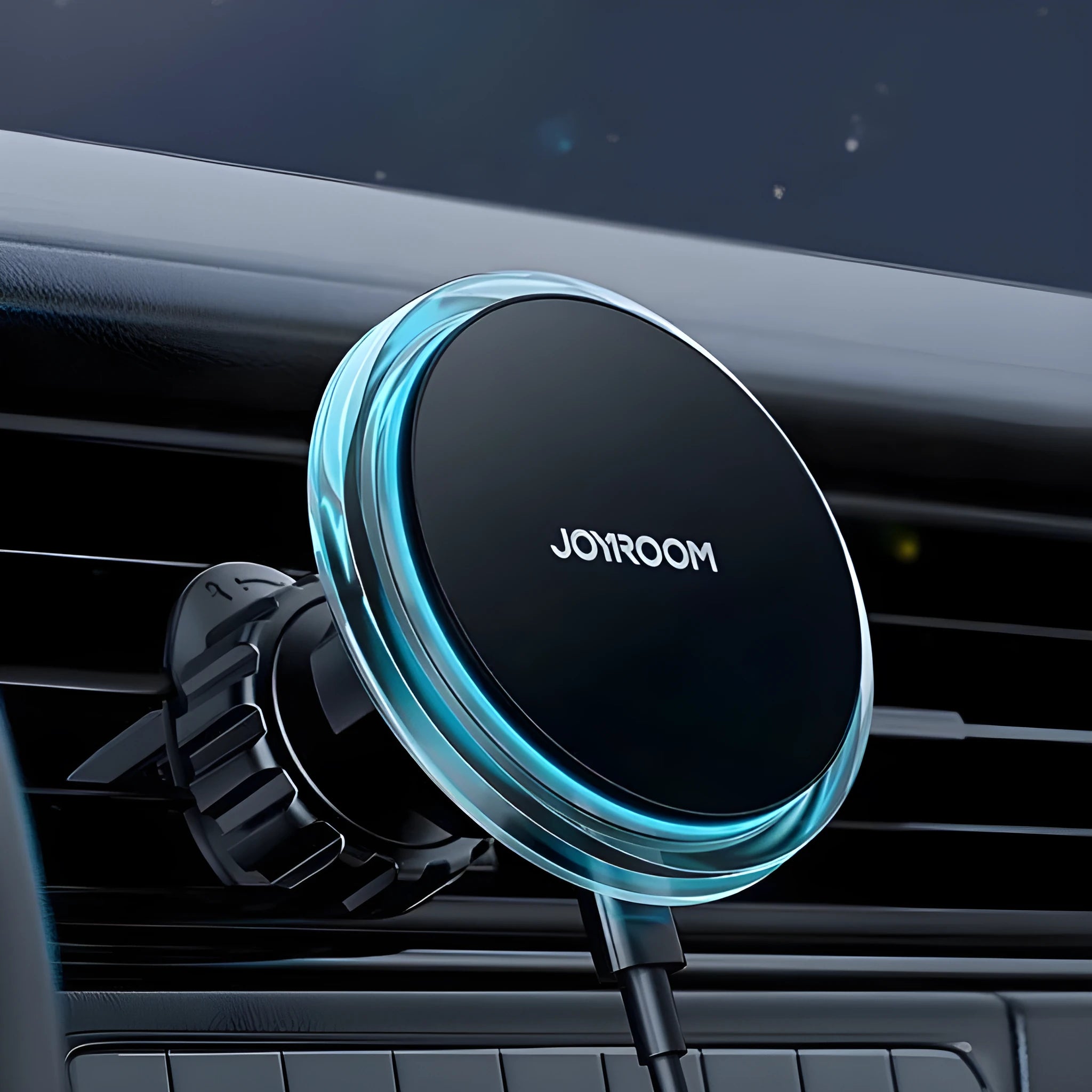 Black car magnetic wireless charging stand mounted on vehicle air vent charging smartphone