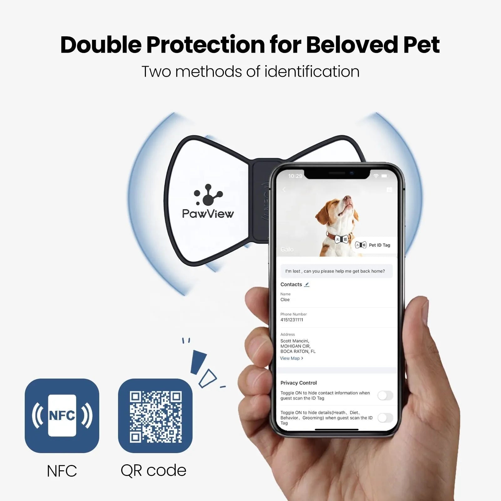 NFC smart QR code silicone pet tag with bowknot in black, blue, pink, red on dog collar