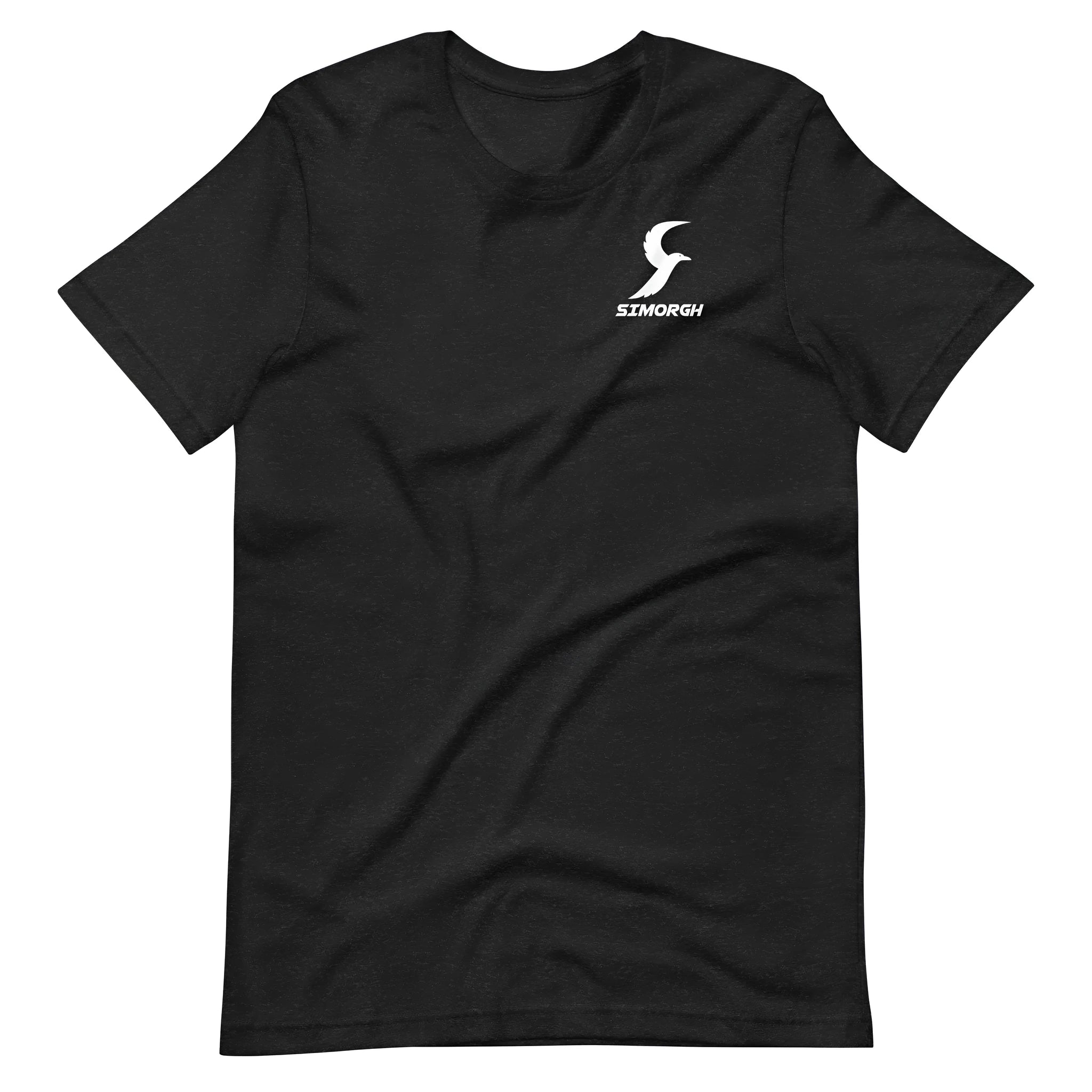 A black loose-fit short-sleeve cotton T-shirt for men and women on a hanger, showing the round neck and straight silhouette.