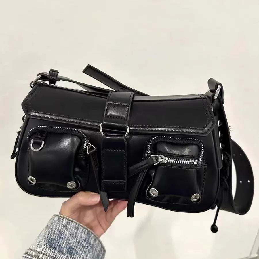 Black PU leather shoulder messenger bag showing adjustable strap and structured form