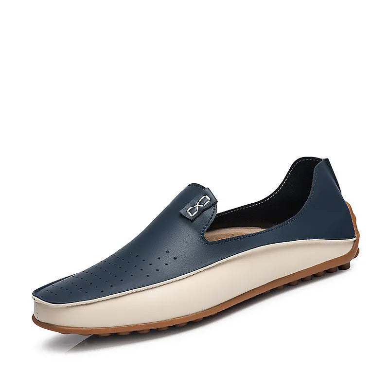 Lightweight plus size men's beige synthetic leather loafers with hollow design flat heel breathable casual shoes