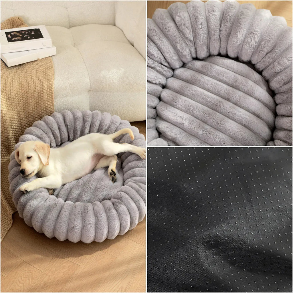 Round plush pet bed with long-hair rabbit fur style texture in beige colour