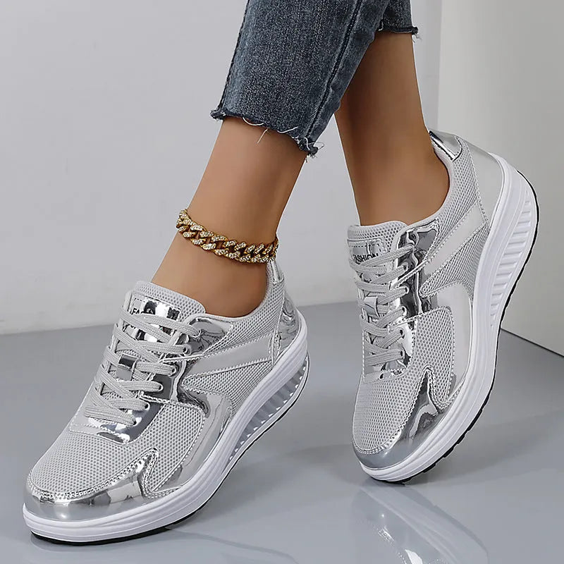 Women's gold mesh platform trainers with cross strap and mid heel