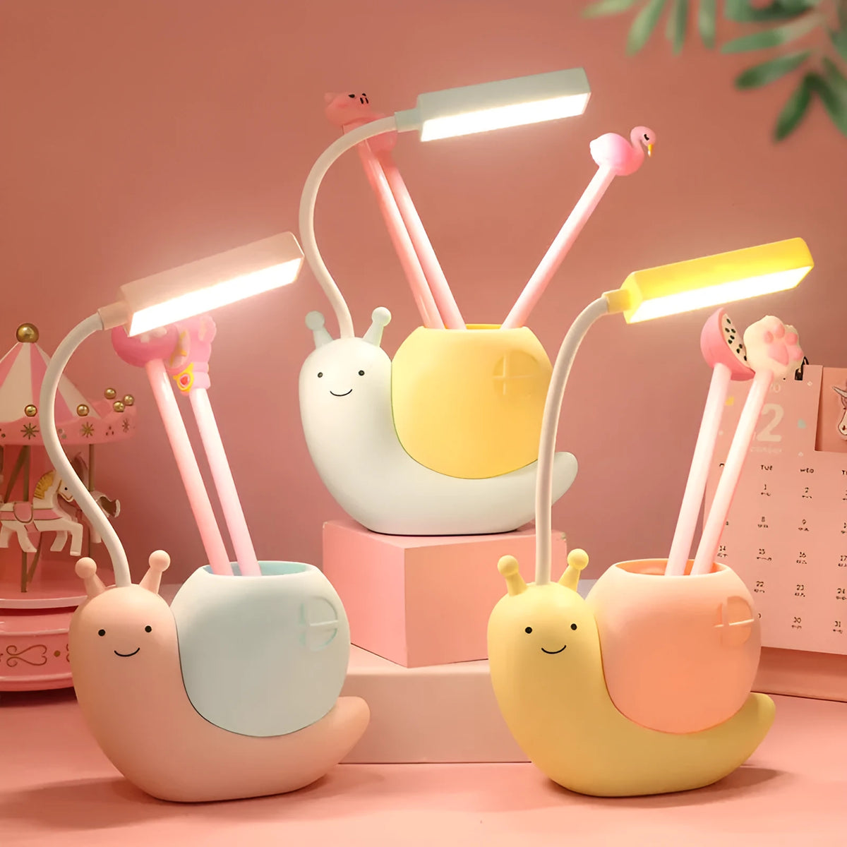 LED eye protection desk lamp for students, USB powered, compact plastic body, available in blue pink yellow