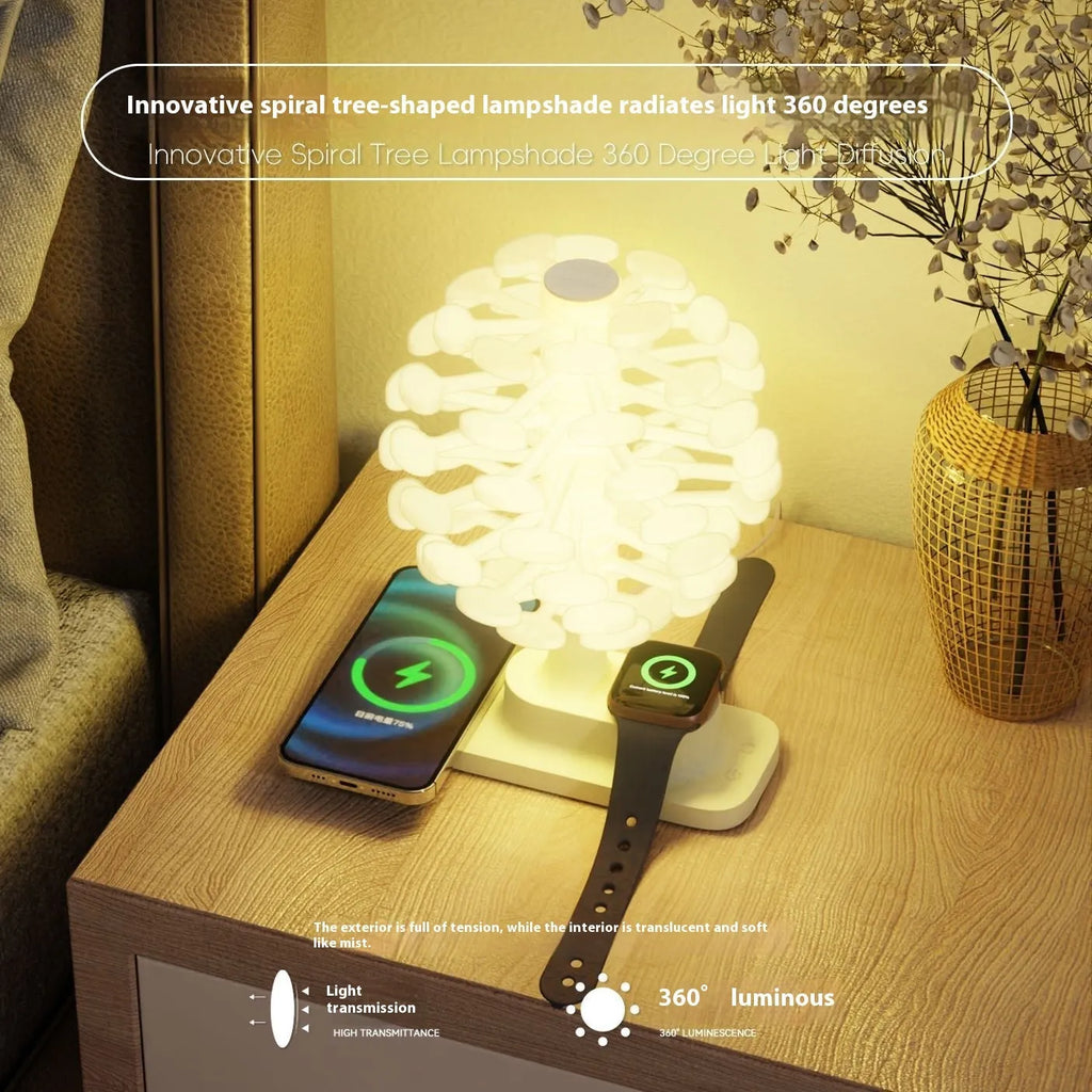 Spiral tree geometric LED table lamp with white lighting on wooden surface