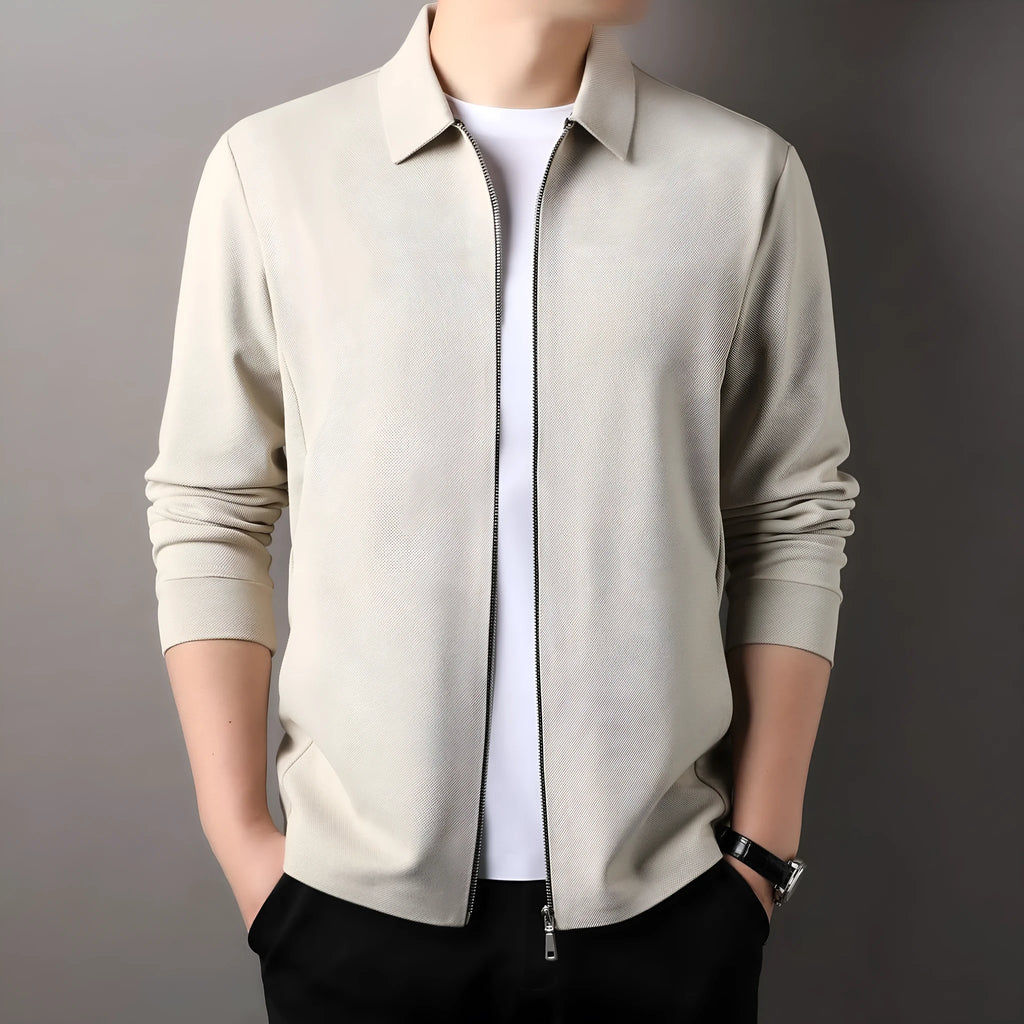 Men's polyester jacket in black, dark grey and apricot colours with straight hem design