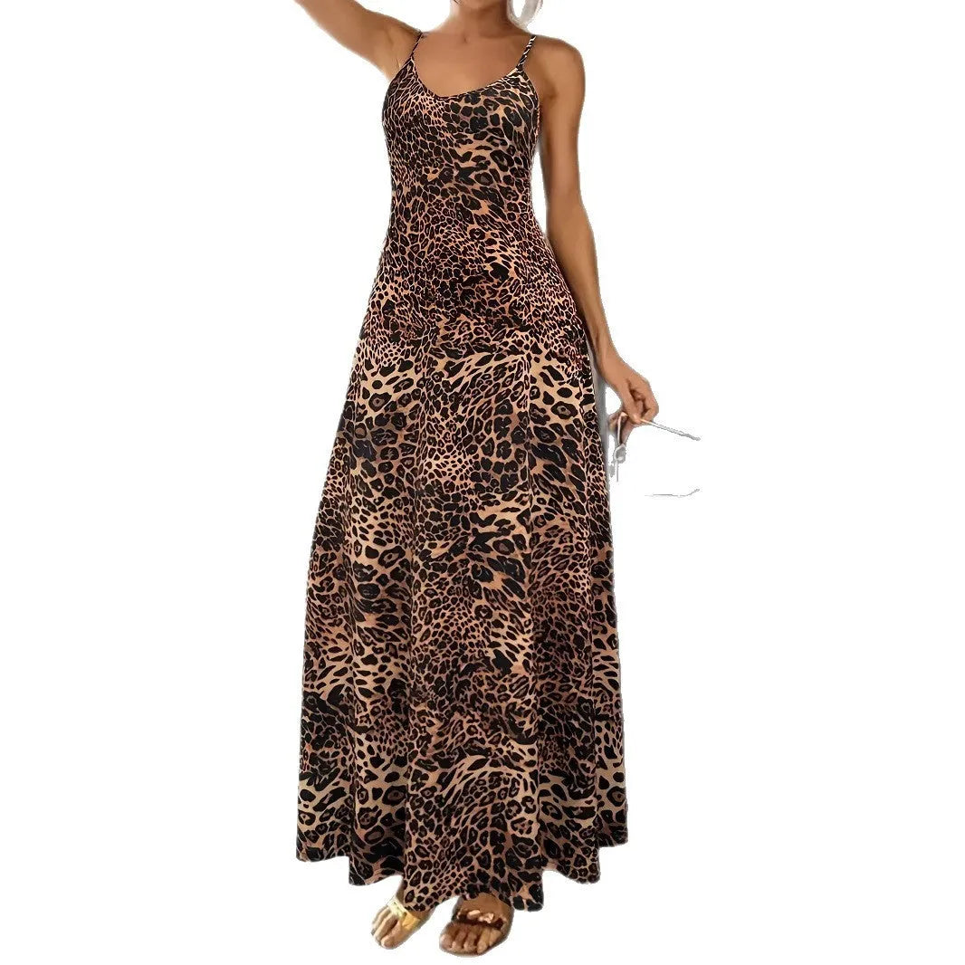 Women's dark brown leopard print dress with sleeveless round neck and shoulder strap details