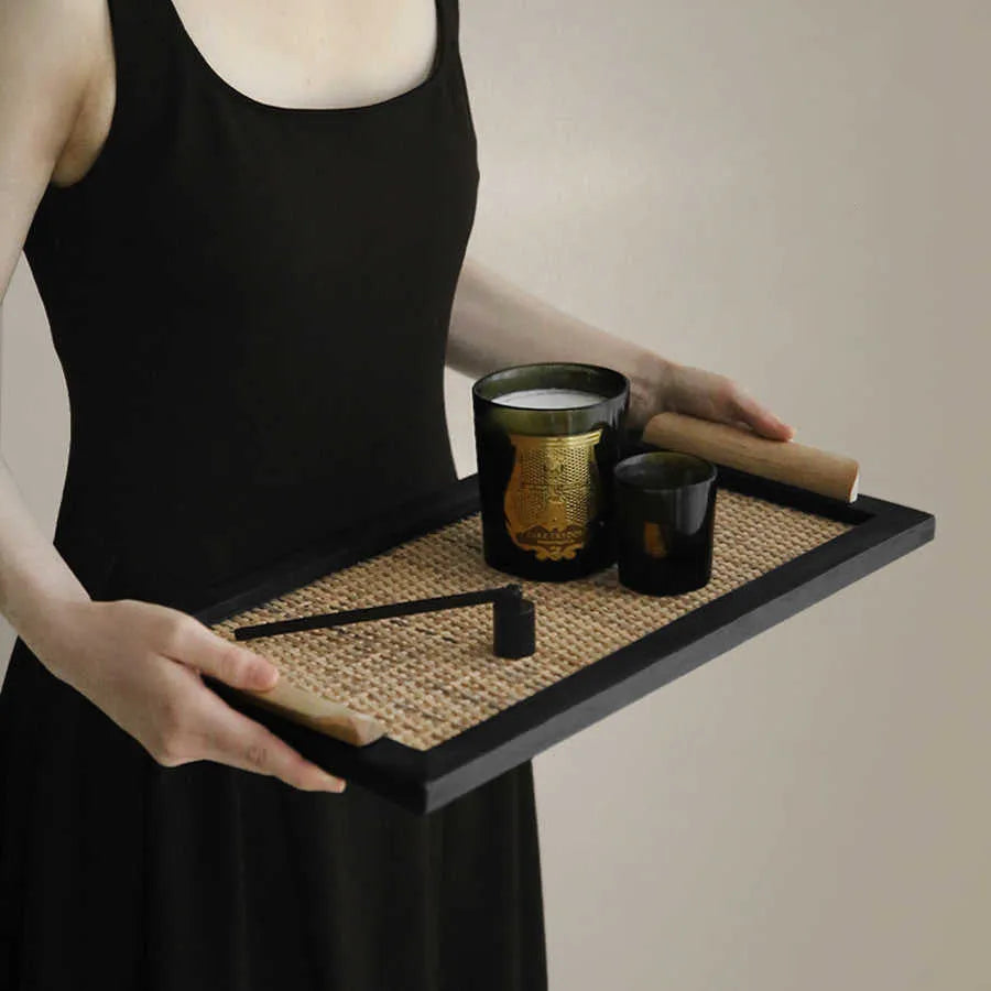Pine wood rectangular tea tray with integrated compartment for storage