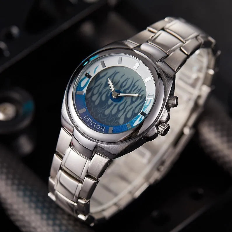 Men's Y2K digital watch with dual LCD displays showing blue flame dial on an alloy strap with stainless steel buckle.