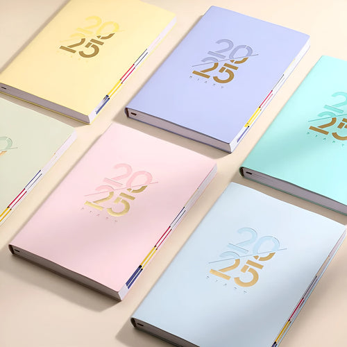 2025 A5 daily schedule book with soft faux leather cover, open to show weekly planner layout.