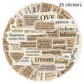 Pack of 25 torn English design decorative stickers for laptops and notebooks.