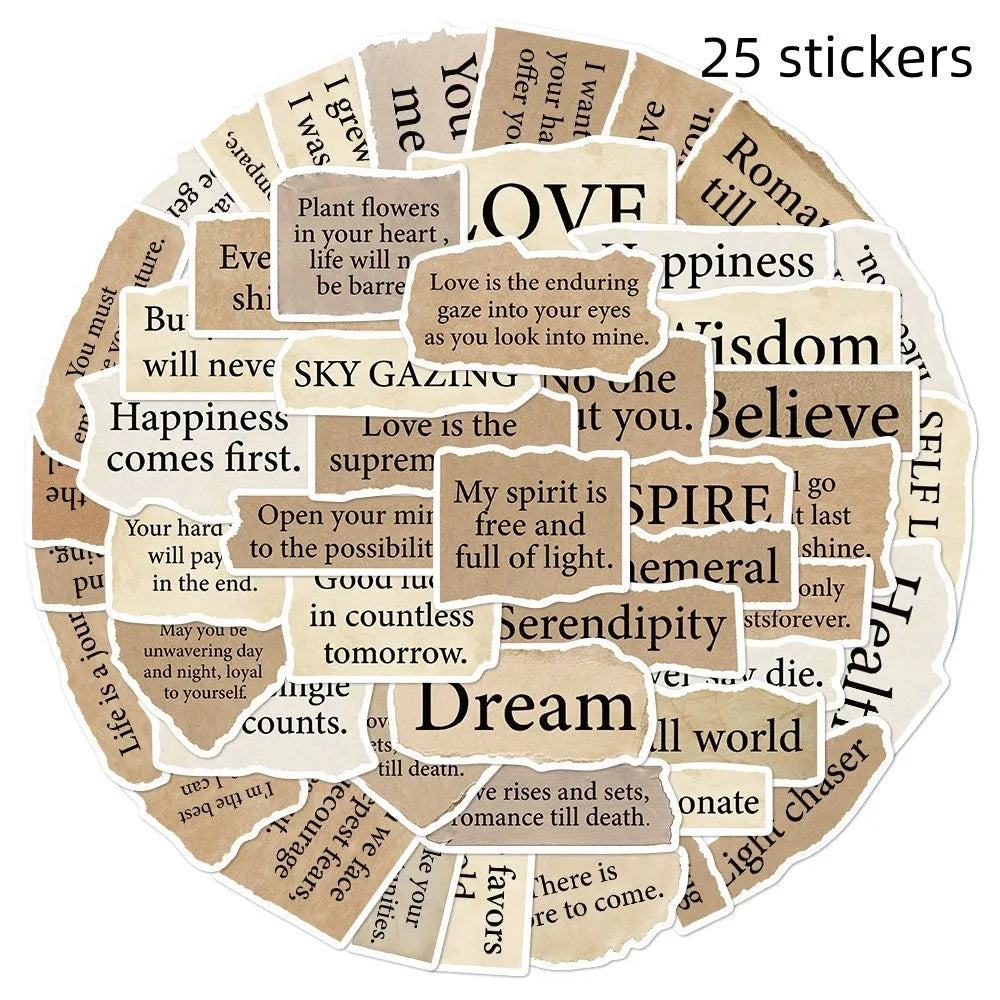 Pack of 25 torn English design decorative stickers for laptops and notebooks.