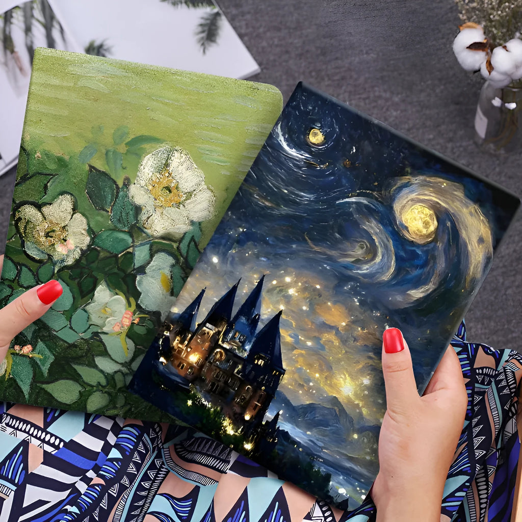 Handmade liquid silicone iPad flip case with floral oil painting design in Apricot Flower colour
