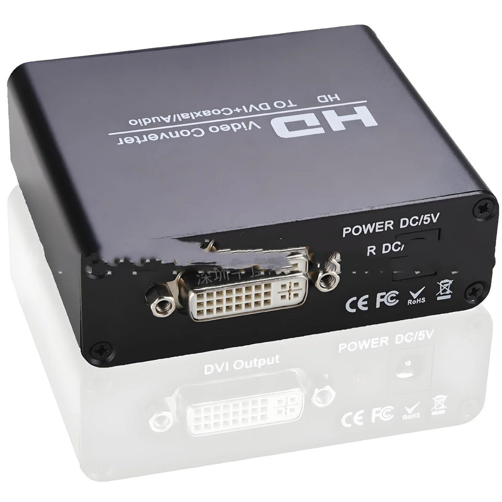 Black HDMI to DVI converter with coaxial audio output port, 1.5m cable, and power supply unit.
