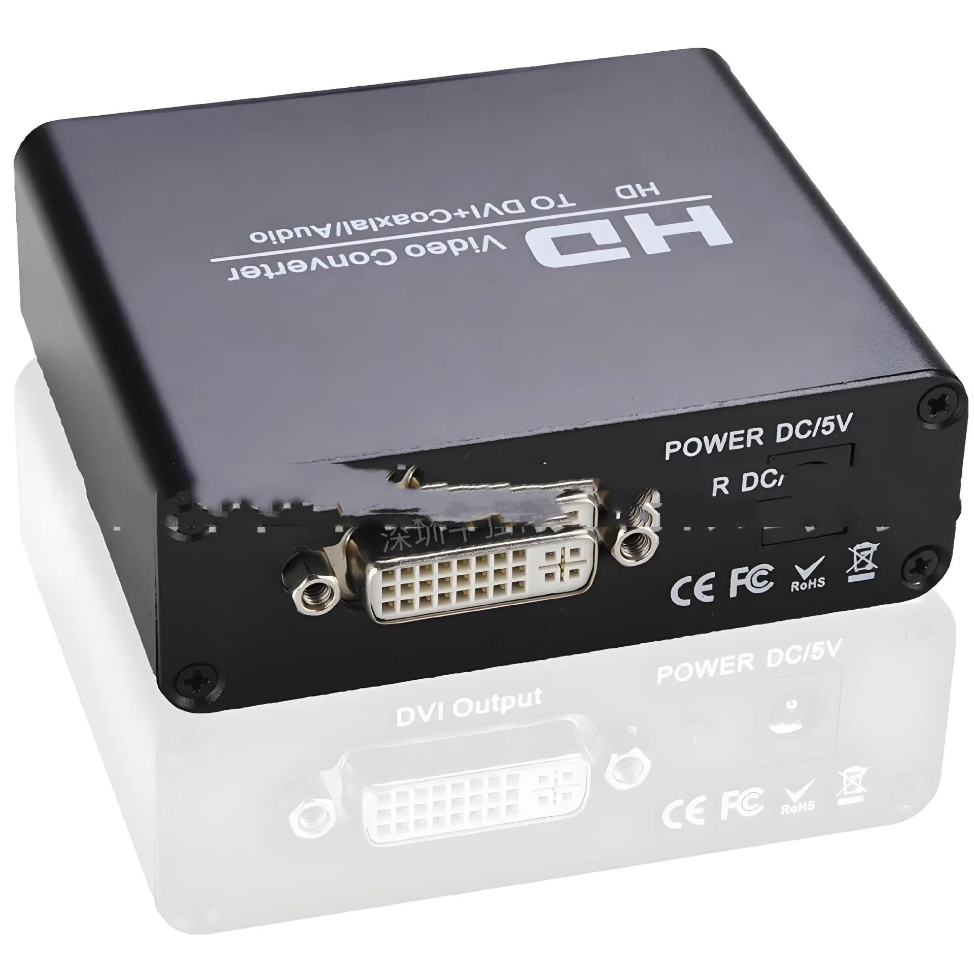 Black HDMI to DVI converter with coaxial audio output port, 1.5m cable, and power supply unit.