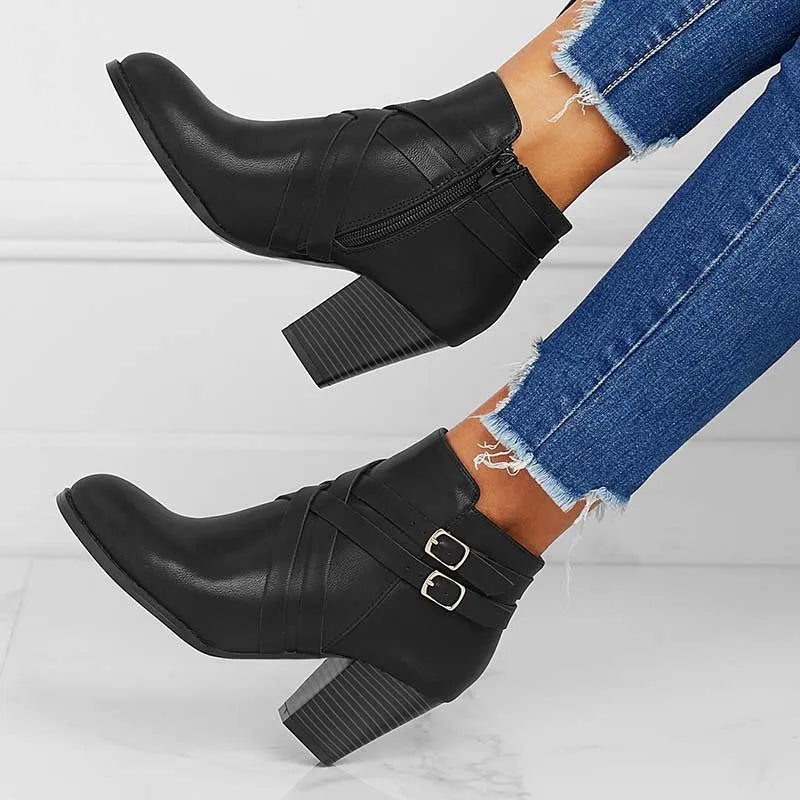 Women's black PU leather ankle boots with 7cm heel and side zipper closure