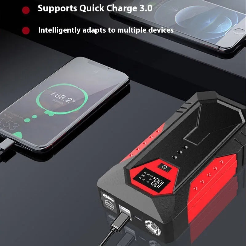 Red 12V car battery jump starter emergency power bank with battery clamps and cable