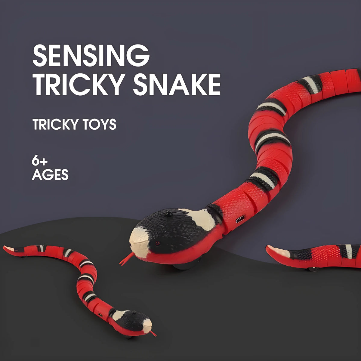 Interactive electric induction snake cat toy with flashing eyes and retractable tongue, USB rechargeable, in snake colour