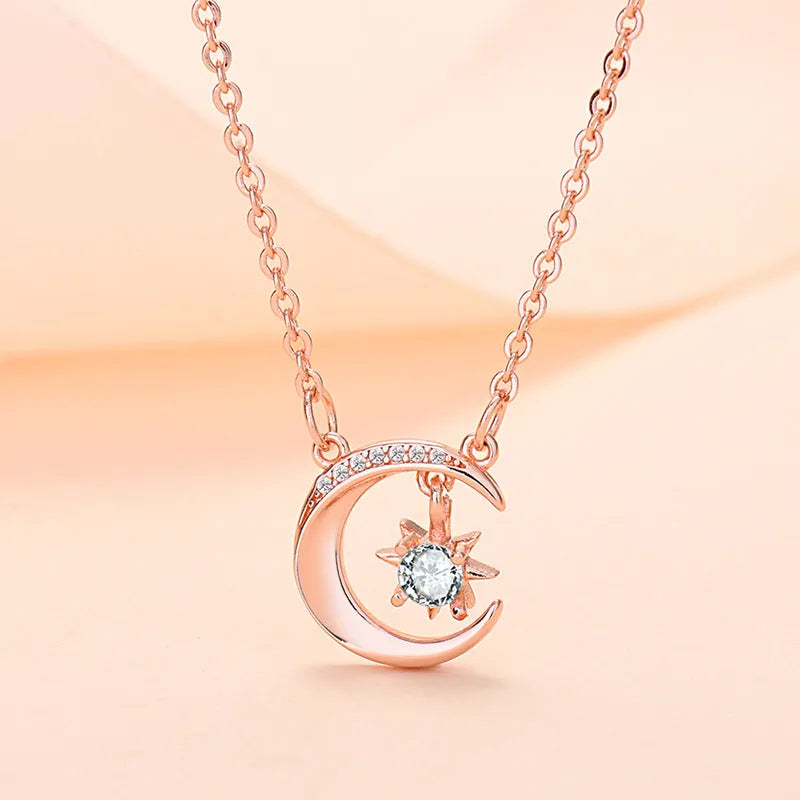 Star moon copper pendant necklace with mixed gem inlay and adjustable O-shaped chain