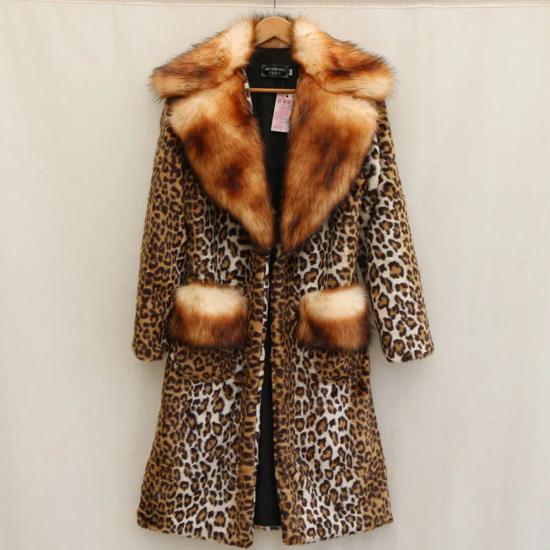 Women's long leopard print artificial fur jacket on a hanger, showing regular sleeves and full length.